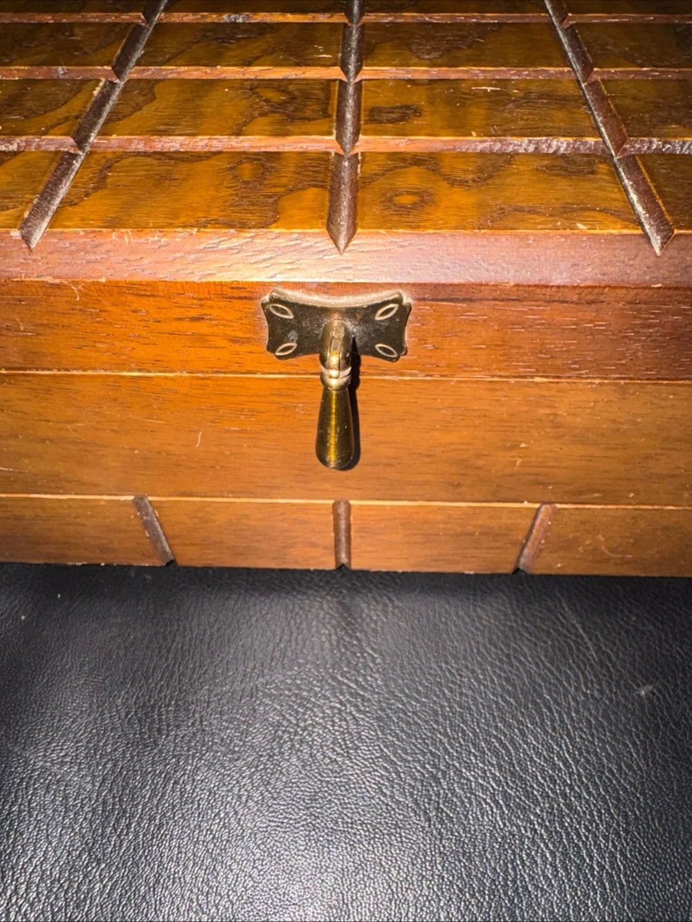 Vintage wood jewelry box with red velvet interior and mirror 5x8 inches MCM